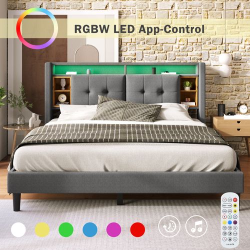 Lit Rembourré LED 160 X 200 Cm Avec Tête De Lit Et Sommier Couleur Gris