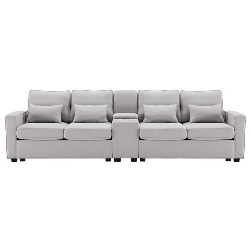 Canapé 4 Places Fixe Avec 2 Porte-gobelets, 2 Ports USB Lin Gris