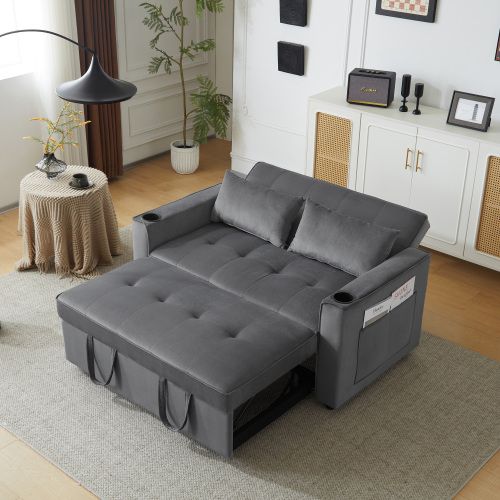 Canapé Convertible 2 Places Avec 2 Porte-gobelets Velours Gris