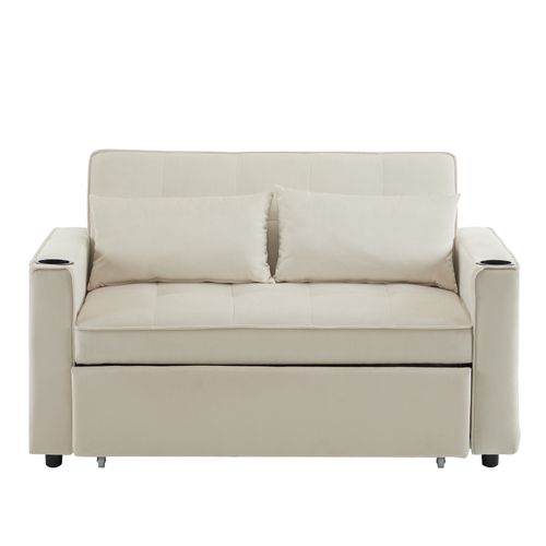 Canapé Convertible 2 Places Avec 2 Porte-gobelets Velours Beige