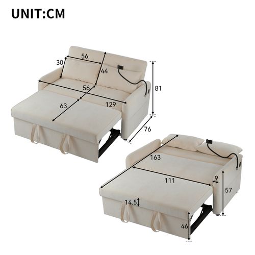 Canapé Convertible 2 Places Avec 1 Port USB Chenille Beige