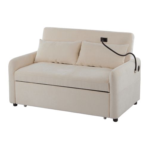 Canapé Convertible 2 Places Avec 1 Port USB Chenille Beige