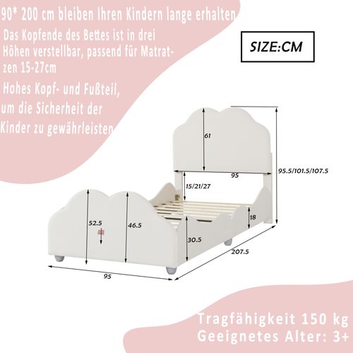 Lit Enfant 90 X 200 Cm Avec Tête De Lit Et Pied De Lit En Forme De Nuage En Blanc