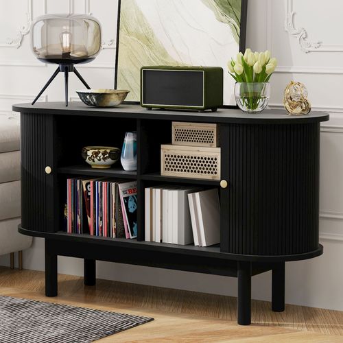 Table Console Avec 2 Portes Coulissantes Et Cloisons Réglables Noir