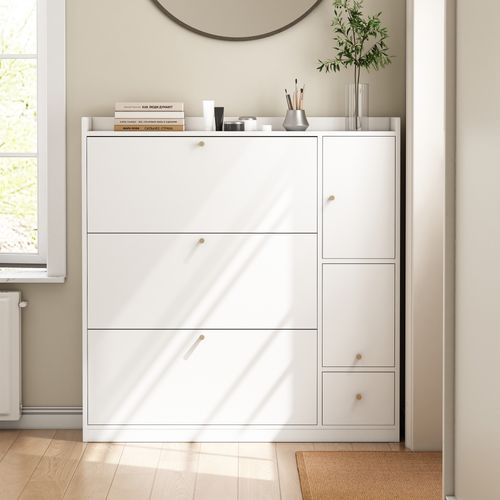 Meuble à Chaussures Avec 4 Portes, 1 Tiroirs Et 1 Tabouret Pliant Blanc