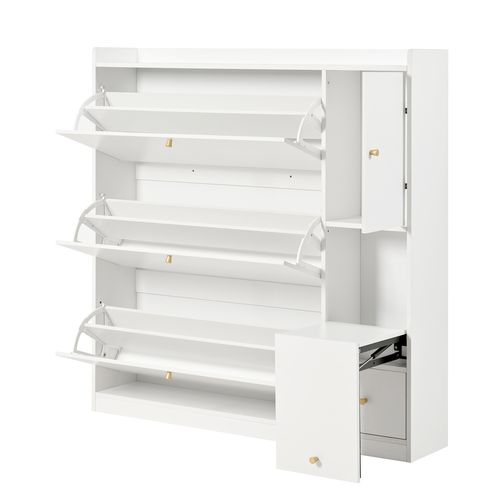 Meuble à Chaussures Avec 4 Portes, 1 Tiroirs Et 1 Tabouret Pliant Blanc