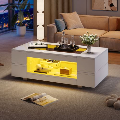 Table Basse Avec Plateau En Verre Et LED Blanc