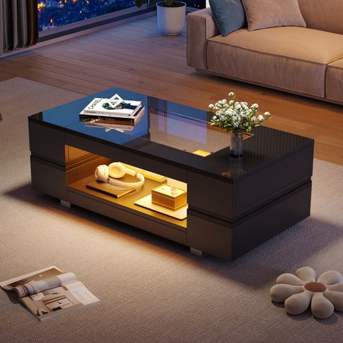 Table Basse Avec Plateau En Verre Et LED Noir