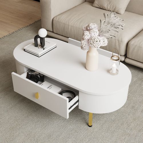 Table Basse Ovale Avec 2 Tiroirs Blanc