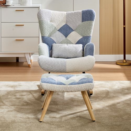 Fauteuil à Bascule Rocking Chair Avec Repose-pieds Beige Et Bleu
