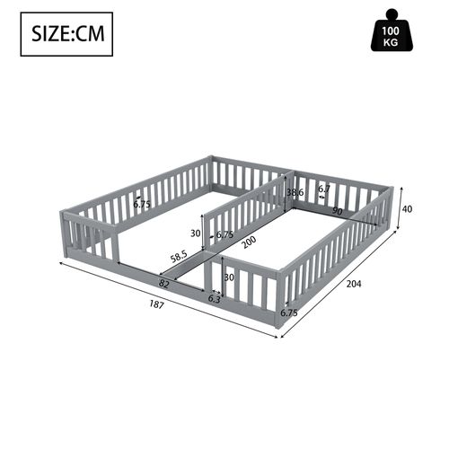 Lit Enfant 2 X 90 X 200 Cm Avec Barrière, Sans Sommier à Lattes Gris