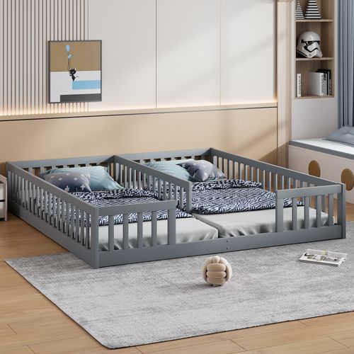 Lit Enfant 2 X 90 X 200 Cm Avec Barrière, Sans Sommier à Lattes Gris