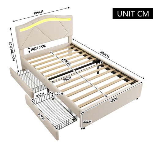 Lit Enfant 90x200cm Avec 2 Tiroirs Et LED Lin Beige