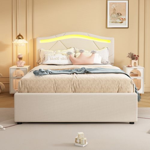 Lit Enfant 90x200cm Avec 2 Tiroirs Et LED Lin Beige