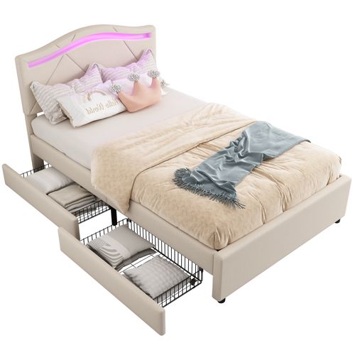 Lit Enfant 90x200cm Avec 2 Tiroirs Et LED Lin Beige