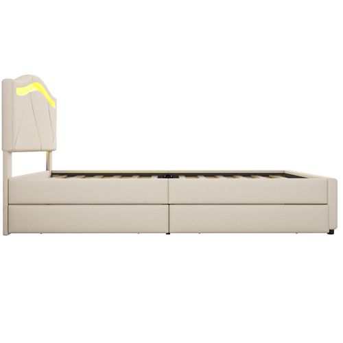 Lit Enfant 90x200cm Avec 2 Tiroirs Et LED Lin Beige
