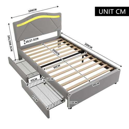 Lit Enfant 90x200cm Avec 2 Tiroirs Et LED Lin Gris