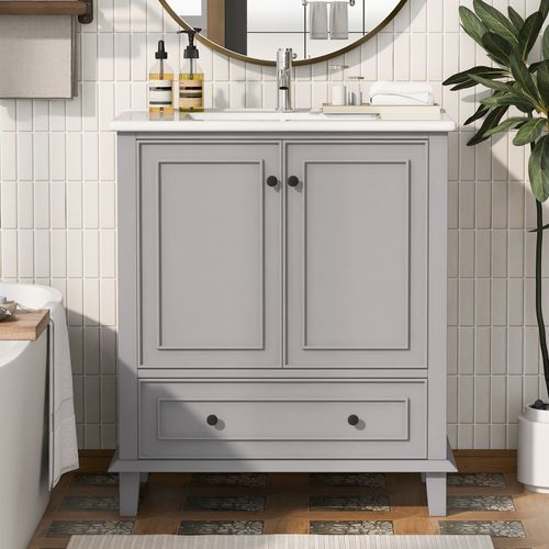 Meuble De Salle De Bain Vasque 2 Portes Et 1 Tiroir Gris