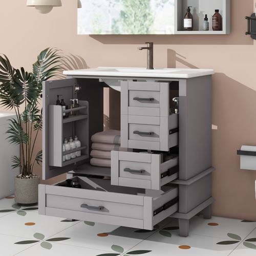 Meuble De Salle De Bain Vasque 1 Porte Et 3 Tiroirs Gris