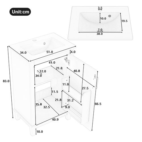 Meuble De Salle De Bain Vasque Avec 1 Porte, 2 Étagères Blanc
