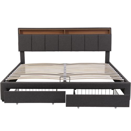 Lit Coffre LED 180 X 200 Cm Avec 2 Tiroirs, Rangement Derrière La Tête De Lit En Gris Foncé