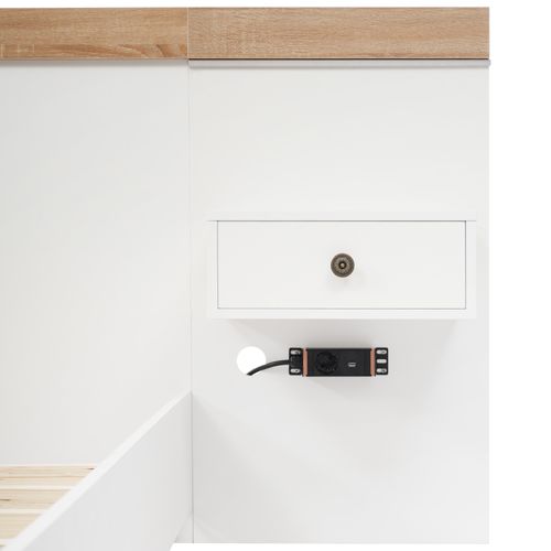 Lit 140 X 200cm Avec 2 LED Chevet Et USB En Blanc Et Imitation Chêne