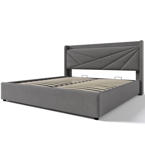Lit Coffre 180 X 200cm Tête De Lit Avec Chargement USB Type C - Lin Gris
