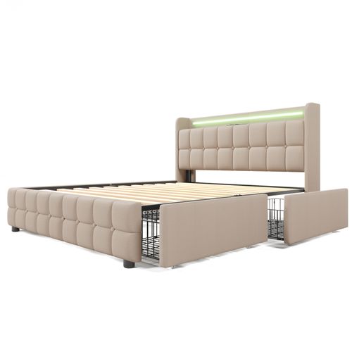 Lit 180 X 200cm Avec 4 Tiroirs + USB + LED - Lin Beige