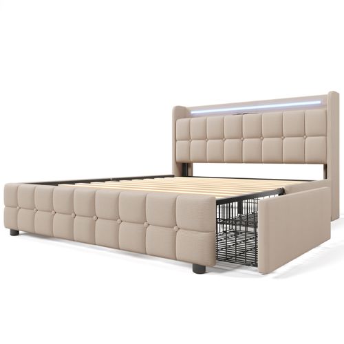 Lit 180 X 200cm Avec 4 Tiroirs + USB + LED - Lin Beige