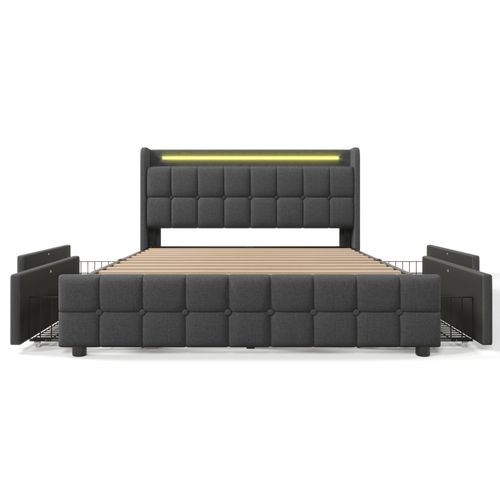 Lit 180 X 200cm Avec 4 Tiroirs + USB + LED - Lin Beige