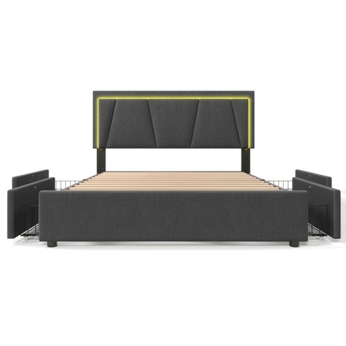 Lit 140 X 200cm Avec 4 Tiroirs + LED - Lin Gris