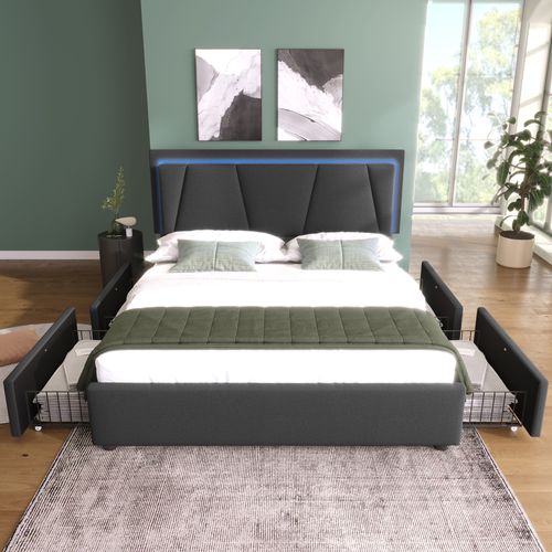 Lit 140 X 200cm Avec 4 Tiroirs + LED - Lin Gris