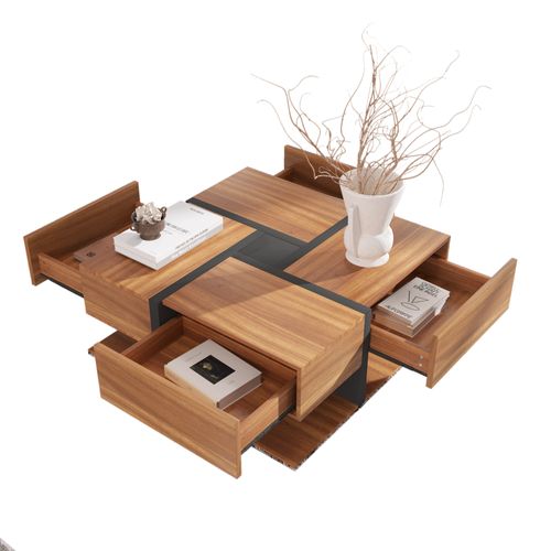 Table Basse Avec 4 Tiroirs 78 X 78 X 36cm En Natural