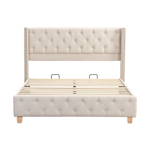 Lit Adult 140 X 190cm Avec Tête De Lit Et Sommier En Beige