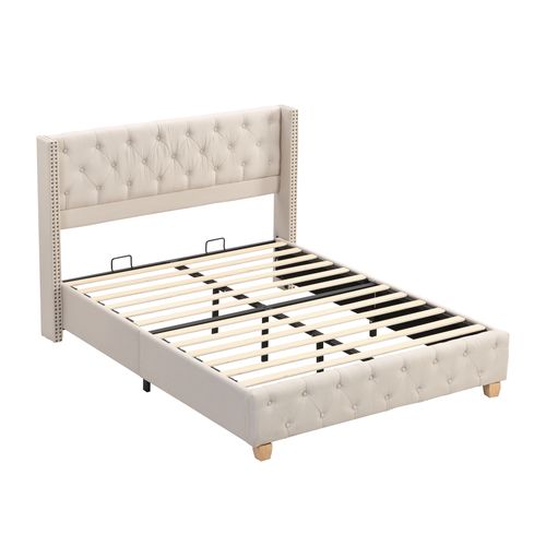 Lit Adult 140 X 190cm Avec Tête De Lit Et Sommier En Beige