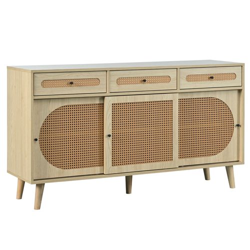 Buffet L.140cm Avec 3 Portes Et 3 Tiroirs En Naturel, Porte En Rotin Plastique Pe