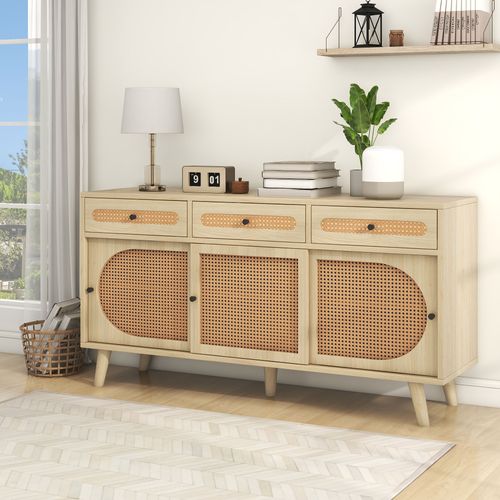 Buffet L.140cm Avec 3 Portes Et 3 Tiroirs En Naturel, Porte En Rotin Plastique Pe