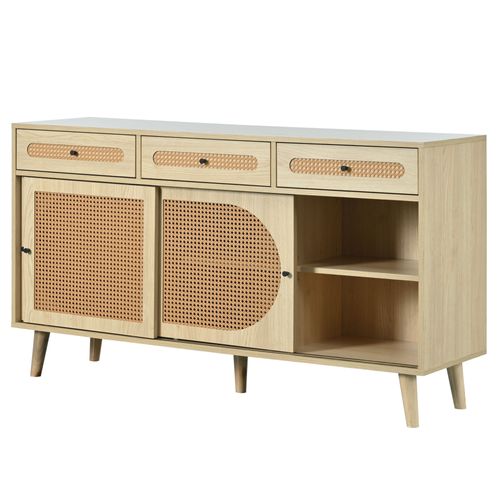 Buffet L.140cm Avec 3 Portes Et 3 Tiroirs En Naturel, Porte En Rotin Plastique Pe