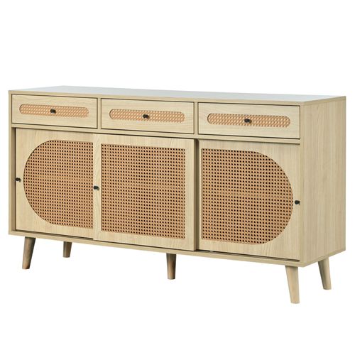 Buffet L.140cm Avec 3 Portes Et 3 Tiroirs En Naturel, Porte En Rotin Plastique Pe