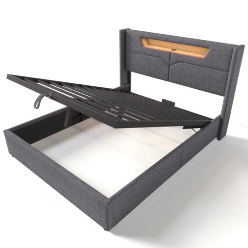 Lit Coffre 140 X 200cm Tête De Lit Avec Liseuse Et Chargement USB Lin En Gris