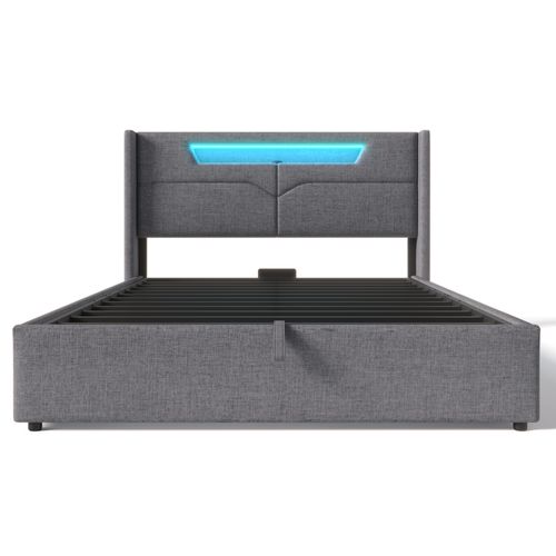 Lit Coffre 160 X 200cm Tête De Lit Avec Liseuse Et Chargement USB Lin En Gris