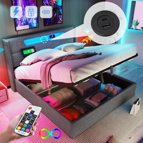 Lit Coffre 160 X 200cm Tête De Lit Avec Liseuse Et Chargement USB Lin En Gris