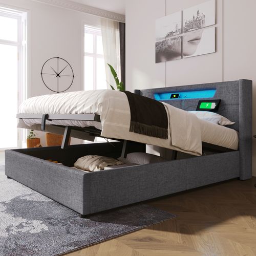 Lit Coffre 160 X 200cm Tête De Lit Avec Liseuse Et Chargement USB Lin En Gris