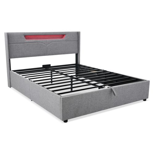 Lit Coffre 160 X 200cm Tête De Lit Avec Liseuse Et Chargement USB Lin En Gris