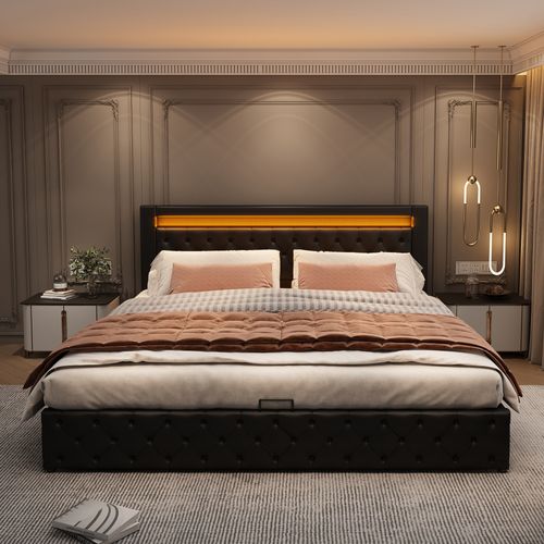 Lit Coffre 180x200 Cm En Noir Pu Luxe Avec 2 Tiroirs Et Éclairage LED