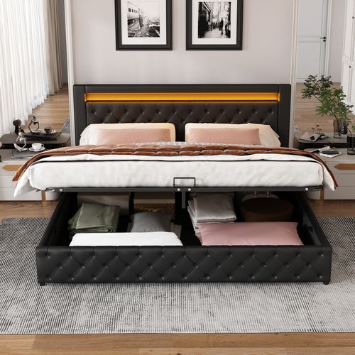 Lit Coffre 180x200 Cm En Noir Pu Luxe Avec 2 Tiroirs Et Éclairage LED