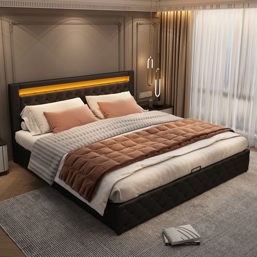 Lit Coffre 180x200 Cm En Noir Pu Luxe Avec 2 Tiroirs Et Éclairage LED