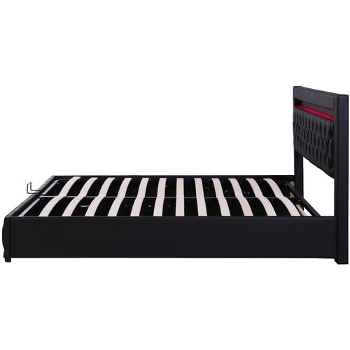 Lit Coffre 180x200 Cm En Noir Pu Luxe Avec 2 Tiroirs Et Éclairage LED