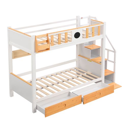 Lit Superposé 2 X 90 X 200cm Avec 2 Tiroirs, 4 Caissons De Rangement Et Étagères