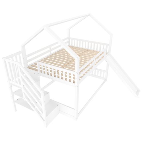 Lit Mezzanine Lit Cabane 140x200cm Avec Escalier Avec Rangement Et Toboggans Blanc
